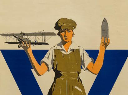 Illustration from a WWI Poster of a woman in work coveralls and a cap holding up models of an airplane and an artillery shell