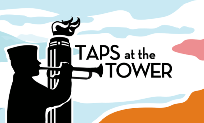 Silhouette of a bugler against a silhouette of the Liberty memorial. Text: Taps at the Tower