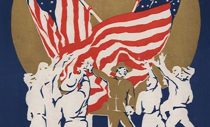 Poster print of a soldier singing or cheering while a group of soldiers surrounding him also sing or cheer. Two very large U.S. flags wave in the background.