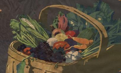 Painting of a basket full of fresh vegetables