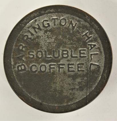 Lid of a tin engraved with "Barrington Hall Soluble Coffee"