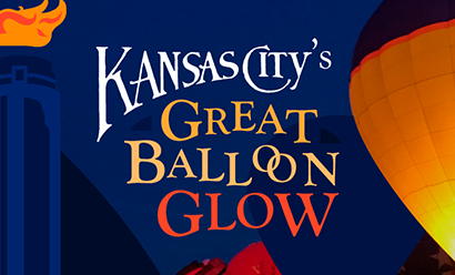 Text: Kansas City's Great Balloon Glow. Image: Stylized graphics of hot air balloons and the Liberty Memorial Tower.