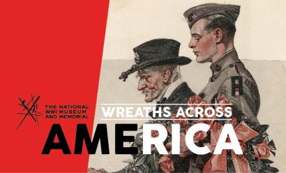 Image: painting of a WWI soldier holding a large wreath and standing next to an aged Civil War veteran. Text: Wreaths Across America