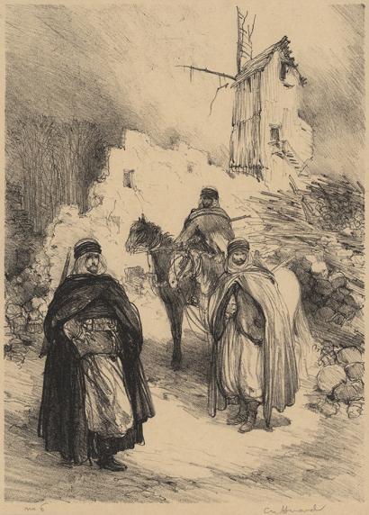 Drawing of two men wearing cloaks, loose clothing and head coverings and a third similarly-attired man on a horse