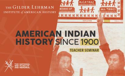 Image: Grainy photograph of two brown-skinned men turning to look at the camera. One has his fist raised while the other is making the peace or victory sign. Text: American Indian History since 1900 / Teacher Seminar