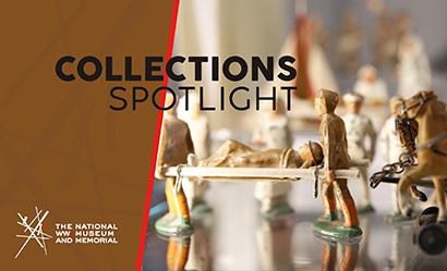 Image: Close-up modern photograph of toy soldiers carrying a wounded toy soldier on a toy stretcher. Text: 'Collections Spotlight'