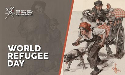 Image: Drawing of a girl wearing a dress and red headscarf pulling a handcart piled with belongings. A small boy sits on top of the luggage in the cart. Text: 'World Refugee Day'