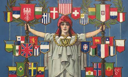 A painting of a young white woman dressed in white robes with oustretched arms, surrounded by flags of many nations.