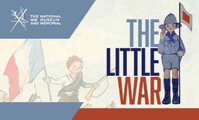 Image: Illustrations of children dressed in different countries' military uniforms while waving national flags. Text: 'The Little War'