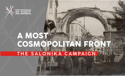 Image: Black and white photograph of a street in a Mediterranean city, populated with people and pack animals. Text: 'A Most Cosmopolitan Front / The Salonika Campaign'