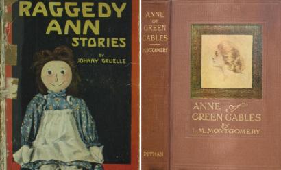 Left image: old patched-up book cover illustrated with a smiling rag doll wearing a blue dress and frilly apron with the text 'Raggedy Ann Stories'. Right image: vintage book cover with a square pen and ink side profile portrait of an Edwardian-era woman with the text 'Anne of Green Gables'.