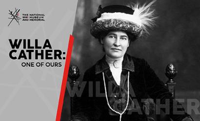 Image: black and white portrait photograph of a white woman wearing dark elegant clothing, a string of pearls and a feather-trimmed hat. Text: 'Willa Cather: One of Ours'