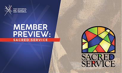 A stylized logo shaped like a stained-glass window with stylized text that reads in all-caps 'SACRED SERVICE,' over a faded background of a painting of a Christian chaplain. Text: 'Member Preview: Sacred Service'