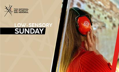 Image: A person with long light brown hair turned away from the viewer, holding their hands to the large red ear cups on their headphones. Text: 'Low-Sensory Sunday'