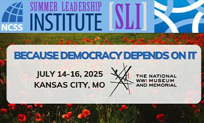 Background: A field of poppies. Text: Summer Leadership Institute / Because Democracy Depends On It
