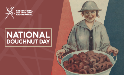 Painting of a young white girl wearing a steel doughboy helmet carrying a tub full of donuts