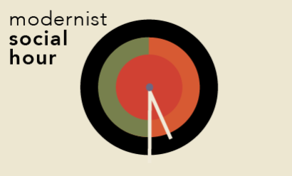 Cream background. Stylized red, green and black wall clock with the clock hands pointing to 5:30. Text: 'Modernist Social Hour'