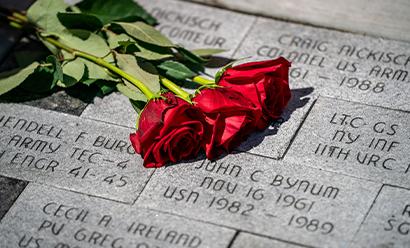 Modern photograph of grey granite bricks engraved with names and dates. Three roses are placed on the bricks.