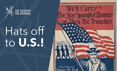 Illustration of Uncle Sam carrying a large U.S. flag as soldiers march in the background