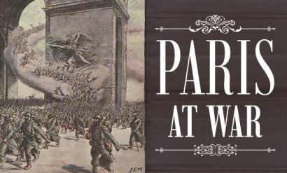 Engraving of WWI soldiers marching forward with the Arc de Triomphe in the background
