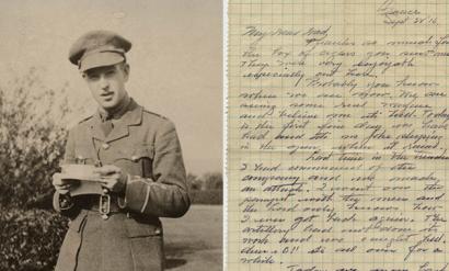 Black and white portrait of a young WWI soldier in uniform next to a scan of a handwritten letter