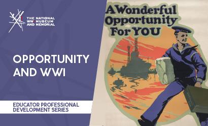 Poster illustration of an eager young white man in U.S. Navy uniform striding forward while carrying luggage