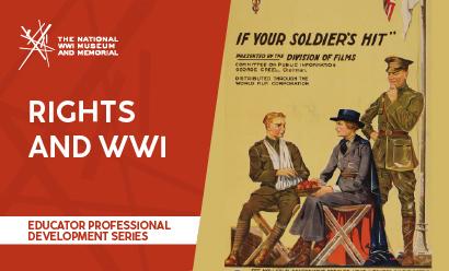 Poster illustration of a white woman in military uniform sharing a basket of fruit with a white man in military uniform with his arm bound in bandages.