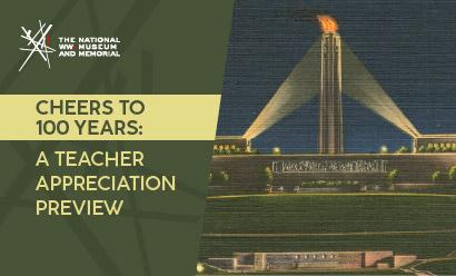 Postcard illustration of Liberty Memorial Tower, Memory Hall and Exhibit Hall with spotlights illuminating the Tower.