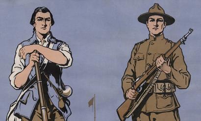 Poster illustration of two identical white men, one dressed in 1700s American colonial garb, the other dressed in 1900s WWI uniform