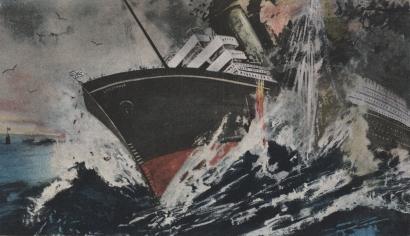 Color drawing of a ship with the name Lusitania on it's bow. There is what appears to be an explosion in the water and against the hull of the ship. There are birds flying and the sky is grey.
