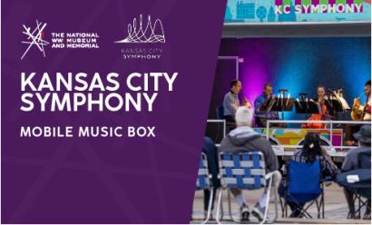 Modern photograph of several chamber music musicians playing on a portable stage lit up in pink and turquoise, as audience members sit in front of them in camp chairs. Text: 'Kansas City Symphony / Mobile Music Box'