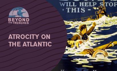 Propaganda poster illustration of a sailor treading water with the body of a woman in his arms as he shakes a fist at a distant submarine.