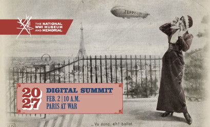 Black and white postcard illustration of a white woman in an early 1900s dress looking up at a zeppelin in the sky. Eiffel Tower in the background.