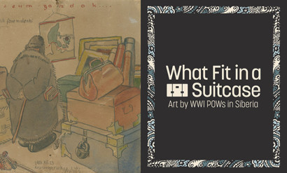 Painting of a person in a long winter coat contemplating a huge pile of suitcases, trunks and paintings