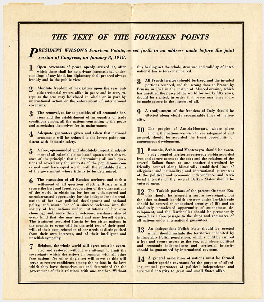 Brochure dactylographiée avec le texte des 14 points du président Wilson
