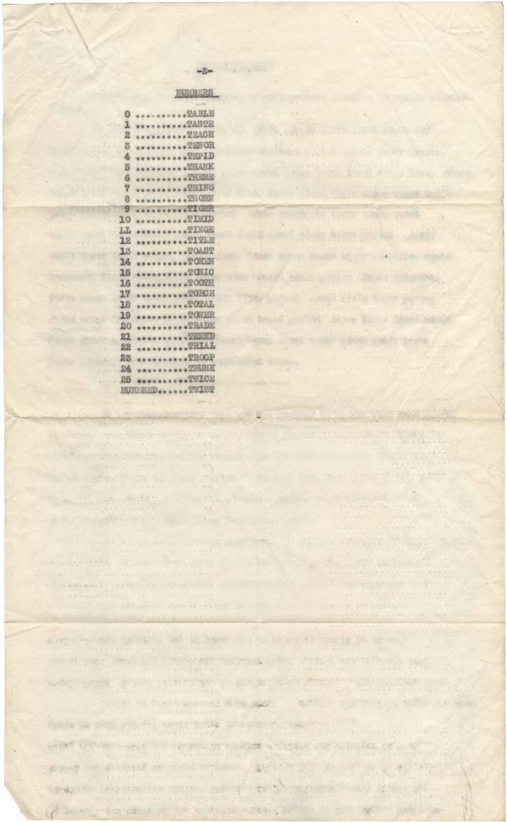 Numérisation d'une liste dactylographiée de mots de code sur du papier jauni