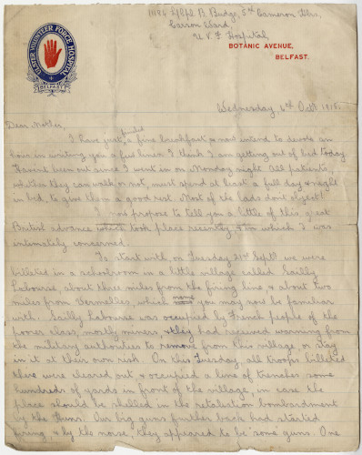 Numérisation d'une lettre manuscrite sur papier à en-tête de l'Ulster Volunteer Force Hospital.