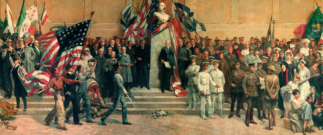 Fragment of the mural depicting groups of men and women gathered on marble steps. They are variously dressed as soldiers and sailors, nurses, cowboys, politicians and more.