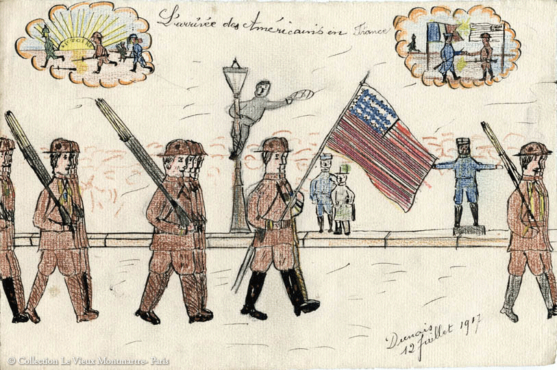 رسم بالقلم الرصاص لجنود أمريكيين يرتدون الزي العسكري ويحملون بنادقهم ويسيرون في الشارع. أحدهم يحمل العلم الأمريكي. يهتف لهم المارة في الخلفية، ومن بينهم شخص معلق على عمود إنارة.
