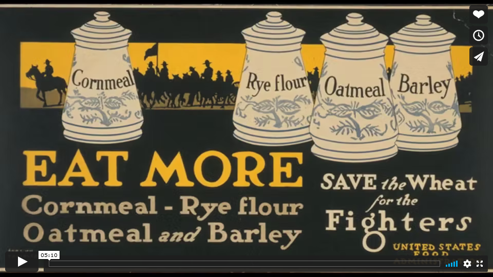 Vignette d'une affiche peinte représentant des pots de céréales. Texte : Mangez plus de semoule de maïs, de farine de seigle, d'avoine et d'orge / Gardez le blé pour les combattants