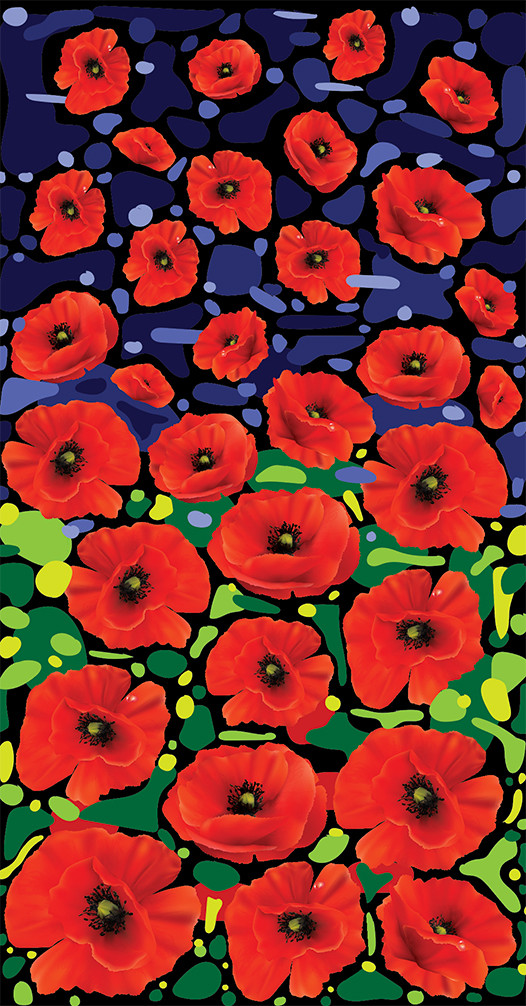 Coquelicots stylisés flottant sur des traits de peinture bleus et verts.