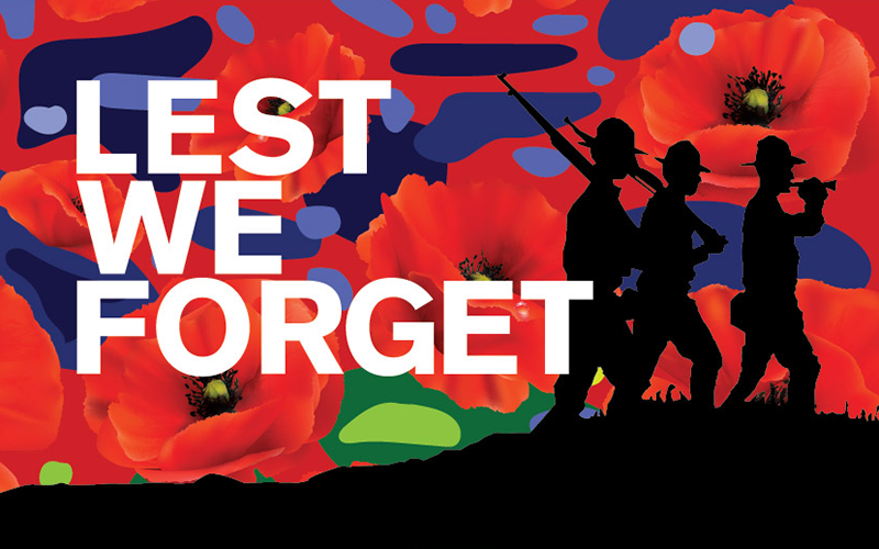 Silhouettes de soldats défilant sur fond de pavot. Texte : "N'oublions pas"