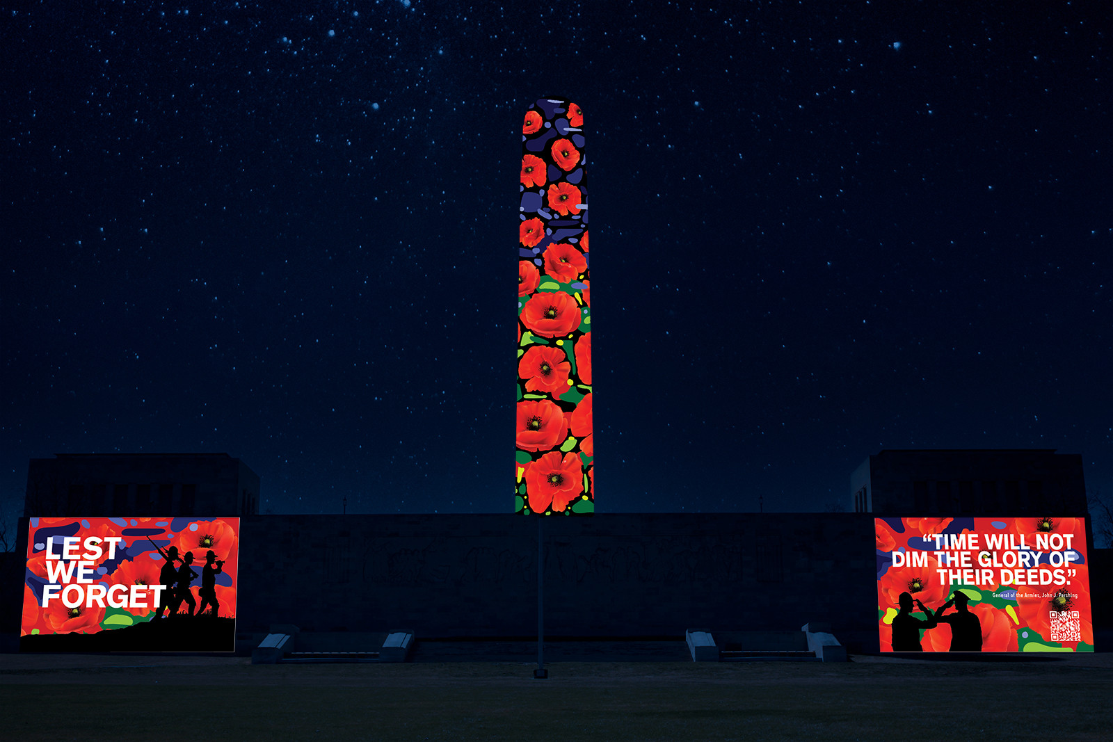 Digital rendering of the Liberty Memorial Tower and North Wall at night. Poppy graphics are projected onto the tower. Left of the tower, a graphic with the text 'Lest We Forget' is projected on the North Wall. To the right of the Tower, a graphic with the text 'Time will not Dim the Glory of their Deeds' is projected onto the North Wall.