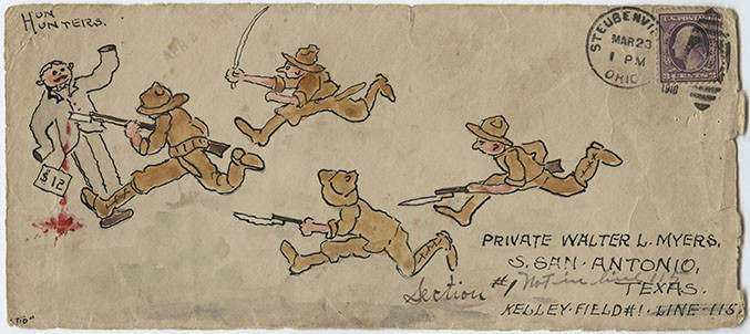 مسح ضوئي لمغلف عتيق. مرسوم عليها رسم كاريكاتوري لأربعة جنود يركضون نحو رجل ذو شارب. طعن الجندي الرئيسي الرجل ذو الشارب.