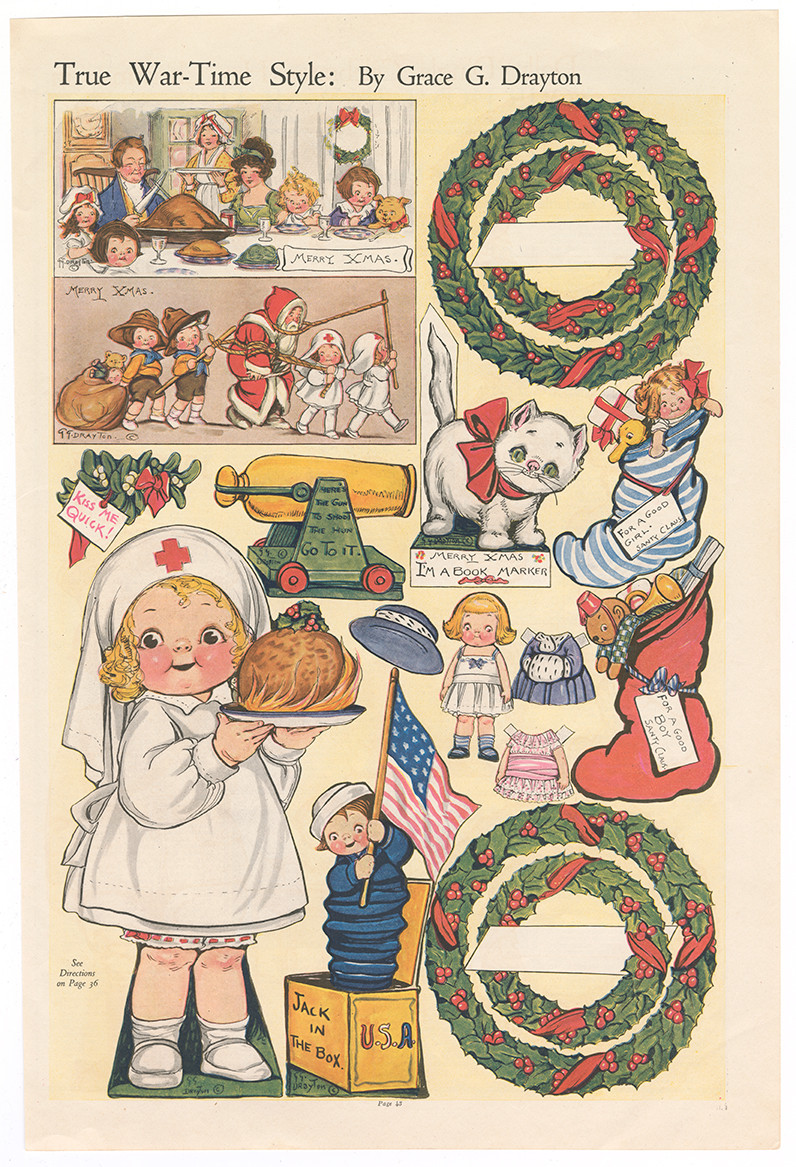 Page colorée pleine d'illustrations d'une fille blanche blonde de dessin animé vêtue de diverses tenues et faisant diverses activités. L’illustration la plus frappante est celle d’elle, vêtue d’un uniforme d’infirmière blanc de la Croix-Rouge, tenant une dinde rôtie sur un plateau.