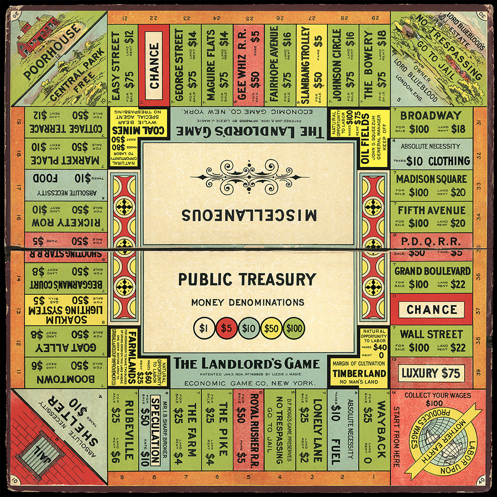 Plateau de jeu ancien aux couleurs vives. L'anneau extérieur des rectangles est marqué des noms de rues et d'autres destinations. L'anneau intérieur des rectangles est étiqueté avec des noms d'industries et des espaces pour les cartes. Les rectangles intérieurs sont étiquetés «&nbsp;Trésor public&nbsp;» et «&nbsp;Divers&nbsp;».