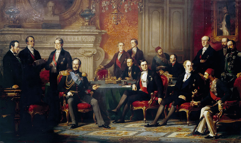 Peinture représentant un grand groupe d'hommes blancs vêtus de vêtements formels des années 1850, disposés autour d'une table drapée de vert et de plusieurs chaises rembourrées de rouge dans une grande salle ornée d'un palais.