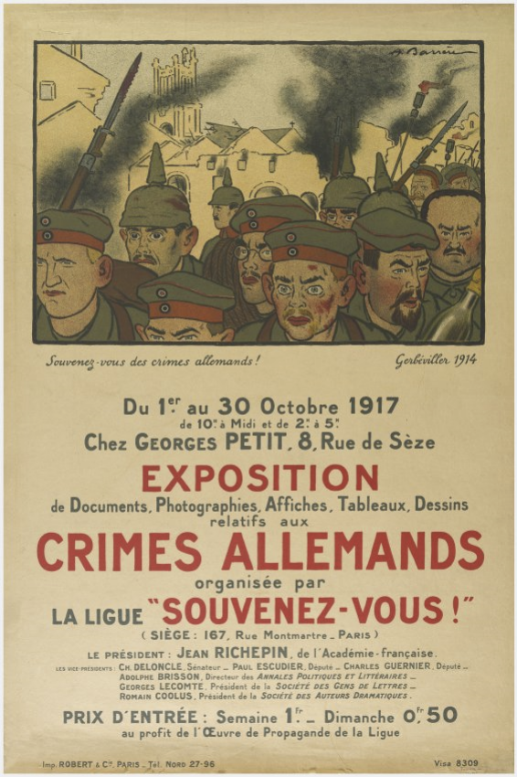 Affiche avec une caricature de soldats allemands caricaturaux couverts de sang se dirigeant vers le spectateur s'éloignant d'une ville européenne détruite avec de la fumée s'élevant des bâtiments
