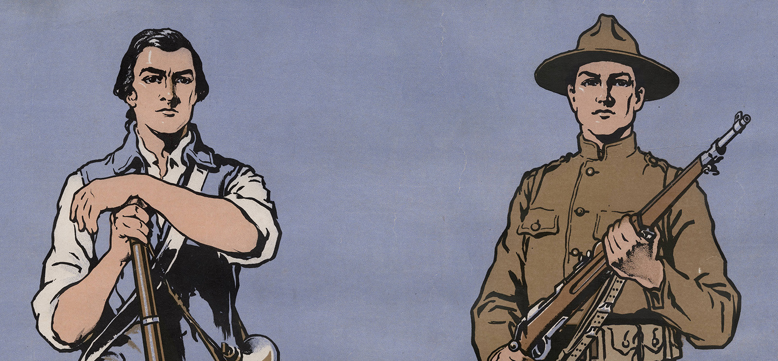 Poster illustration of two identical white men, one dressed in 1700s American colonial garb, the other dressed in 1900s WWI uniform