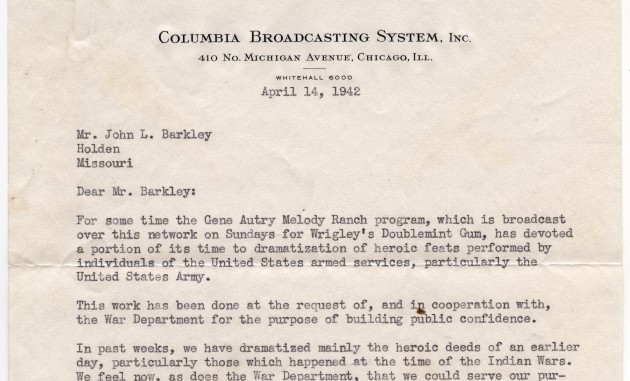 Extrait d'une lettre adressée à John Barkley le 14 avril 1942. L'en-tête de la lettre indique « Columbia Broadcasting System, Inc. »